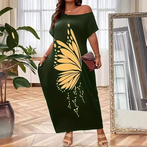 Dunkelgrünes Maxikleid mit gelbem Blumendruck und asymmetrischem One-Shoulder-Design