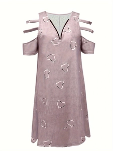 Detail of lavender V-neck dress showing cold shoulder cutouts and white heart patterns