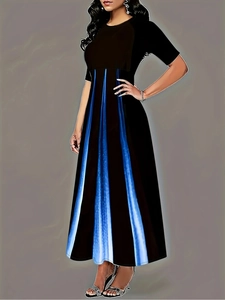 Detail of elegant black maxi dress with blue and white gradient vertical stripes