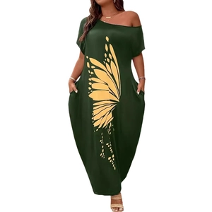 Damen schulterfreies dunkelgrünes Kleid mit gelbem Schmetterlingsdruck und Taschen