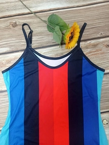Detail of colorful vertical striped camisole top with thin adjustable shoulder straps