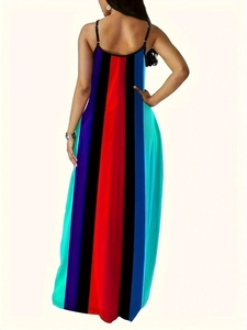 Detailed back view of a summer maxi dress with colorful vertical stripes and spaghetti straps