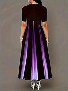 Rear view of an A-line ankle-length dress featuring black fabric and purple vertical stripes