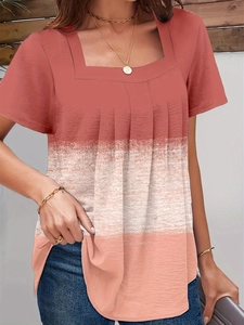 Detail of square neck summer top with vertical pleats and coral ombre gradient effect