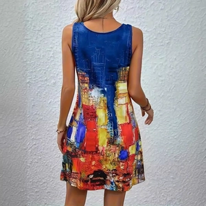 Robe d'été sans manches pour femmes avec imprimé d'art abstrait coloré sur fond bleu marine
