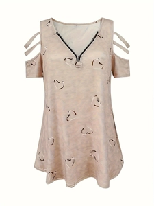 Detail of cold shoulder V-neck top with heart hollow pattern and ring zipper