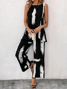 Women Casual Western Style Abstract Brushstroke Print Asymmetric Sleeveless Top And Wide Leg Pants Suit Outfit