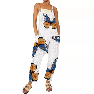 Summer Sleeveless Loose Wide Leg Jumpsuit For Women Butterfly Printed V Neck Casual Outfits White Jumpsuit With Pockets