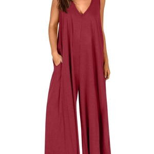 Mono informal de verano con cuello en V sin mangas, pierna ancha, rojo vino con bolsillos