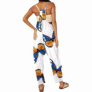 Women's summer sleeveless wide leg jumpsuit featuring vibrant butterfly prints on white fabric