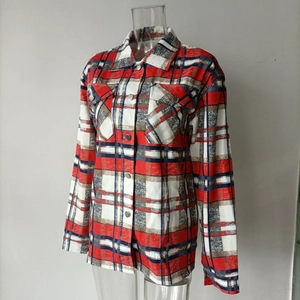 Close-up of the long sleeve plaid shirt with classic check pattern and front chest pockets