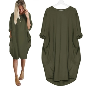 Robe longue ample à manches longues vert olive grande taille avec poches pour femmes