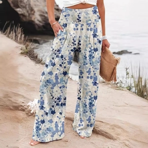 Boho high-waisted wide leg pants with leaf print for women beach vacation wear