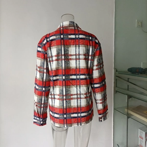 Back view of classic red and white plaid flannel shirt with a relaxed fit for women
