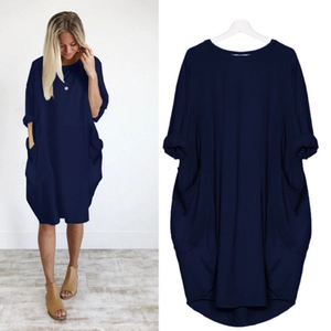 Robe décontractée bleu marine pour femme avec manches longues et grandes poches latérales