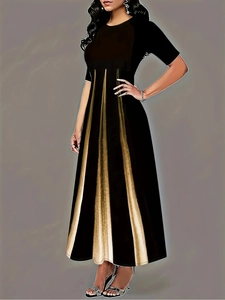 Detail of elegant black and gold gradient pleated maxi dress with vertical metallic lines