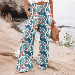 Women high waisted wide leg pants with blue leaf and red berry print for summer beach vacation