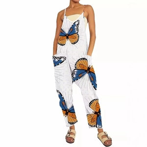 Women's summer white wide leg jumpsuit with large blue and orange butterfly print pattern