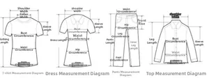 Detailed clothing size guide showing measurement methods for tops dresses and pants