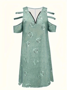 Detail of sage green cold shoulder dress with zipper V-neck and hollow heart pattern