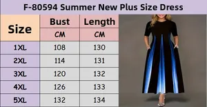 Size chart for plus size gradient maxi dress including bust and length for 1XL to 5XL