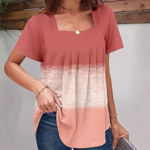Women's square neck pleated short sleeve top featuring a warm pink gradient design