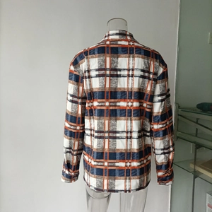 Rear view of a casual plaid wool-blend long sleeve shirt in orange and navy blue patterns