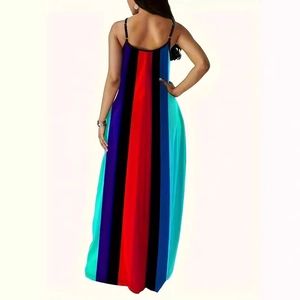 Plus size summer maxi dress with vibrant vertical stripes and slim shoulder straps