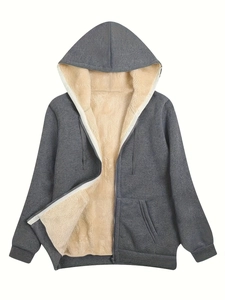 Women Plus Size Hooded Fleece Jacket Warm Faux Lamb Wool Lining Zip Up Hoodie Casual Solid Color Winter Outwear Coat