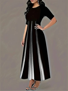 Detail of elegant black maxi dress with vertical silver gradient stripes and high waist line