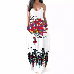 Robe longue blanche sans manches avec décolleté en V profond et imprimé coloré