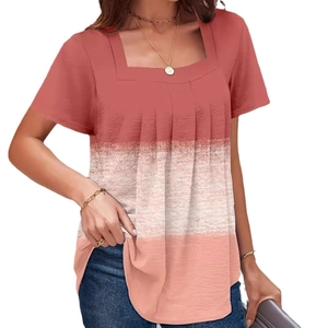 Women square neck short sleeve top with pleated detail and coral pink tricolor gradient