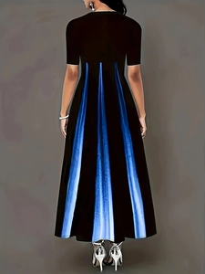 Women's plus size gradient maxi dress with short sleeves and elegant black and blue skirt