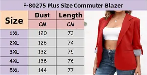 Size guide for women plus size red blazer showing measurements from 1XL to 5XL