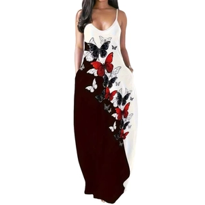 Robe longue d'été pour femme avec imprimé papillon et silhouette ajustée