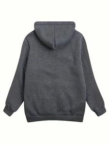 Back view of a dark charcoal oversized fleece hoodie with ribbed cuffs and hem details