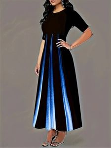Detail of plus size maxi dress with black bodice and blue striped A-line skirt