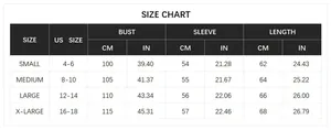 Detailed size chart for women's knit cardigan with bust, sleeve and length measurements