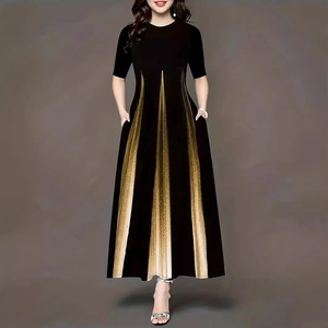 Women's summer gradient long dress with round neck and gold radial print detail