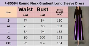 Size chart for the gradient A-line dress showing S-XXL measurements in CM for fit guidance