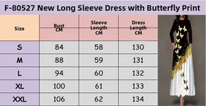 Size chart showing S to XXL dimensions for long sleeve butterfly print A-line dress