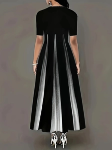 Rear view of elegant plus size black gown with pleated maxi skirt and slim fit waist