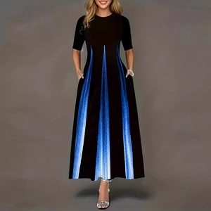 Women's crew neck maxi dress with black top and blue gradient striped A-line skirt