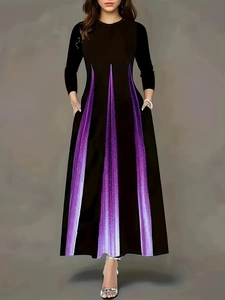 Elegant Round Neck Long Sleeve A-Line Maxi Dress With Purple Gradient Print High Waist Pockets Autumn Women Clothing