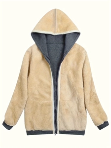 Detail of plush fleece hoodie jacket featuring beige faux sheepskin and grey lining texture