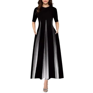 Elegant A-line maxi dress with black top and gradient white striped pleated skirt