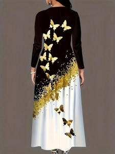 Elegant long sleeve butterfly print maxi dress with gold foil accents and contrast panels