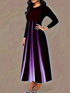 Elegant A-line long sleeve dress with black bodice and purple gradient striped skirt