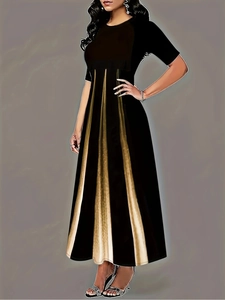 Detail of plus size maxi dress featuring black bodice and gold striped pleated skirt