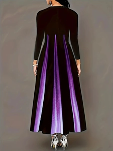 Elegant A-line long-sleeved black maxi dress with purple radial stripe gradient pattern